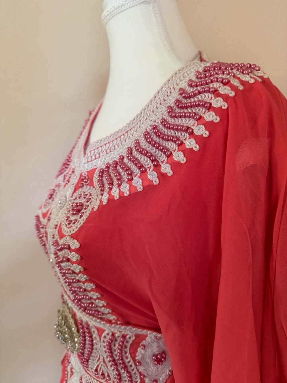 Luxury Moroccan Farasha Kaftan 2-Piece Set – Coral Red Embroidered Dress - Picture 8 of 14